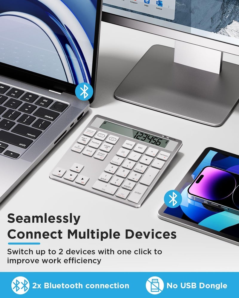 HoRiMe Number Pad for Laptop - Rechargeable Wireless Number Keypad 34 Keys with Dual Bluetooth, 2 in 1 Numeric Keypad Calculator with Display - Portable Slim Numpad for Windows, Mac, iMac, PC, Tablet - Image 5
